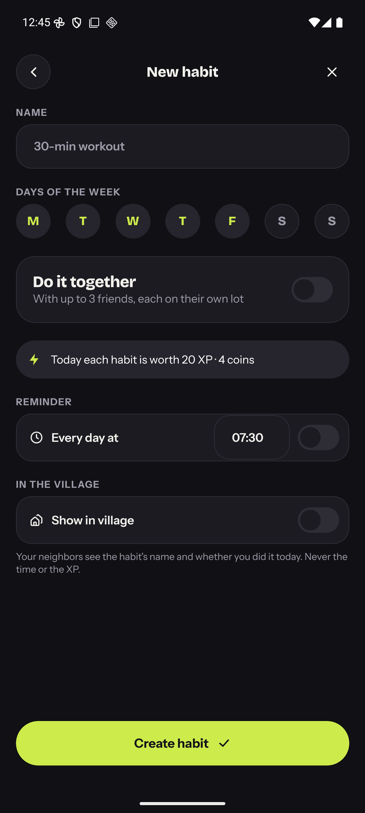 Vilume's new habit screen, with name, weekdays and a reminder